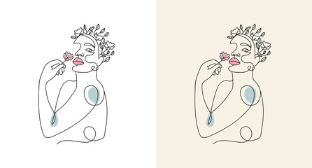 Vector minimalist style continuous one line art portrait. Line flower, woman Hand drawn abstract feminine print. Use for wall decor, beauty logo, poster illustration, card, t-shirt print 