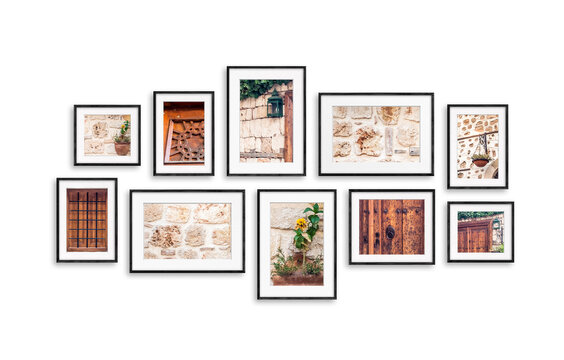 Photo frames with street  photography collage, colorful pictures in old city. Ten frameworks mock up