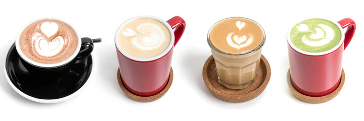 Collage of hot drinks . Hot chocolate , cappuccino , coffee latte , matcha latte.  Coffee shop collage .