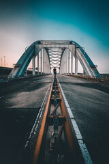 A man standing in the middle of a bridge