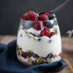 Granola parfait with berries and yogurt .  Parfait with granola , raspberries and blueberries on a black background . Granola in a glass . 