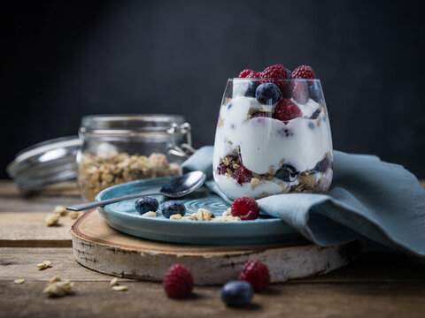 Granola parfait with berries and yogurt .  Parfait with granola , raspberries and blueberries on a black background . Granola in a glass . 