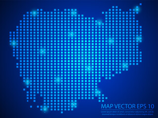 Fototapeta premium Pixel mosaic glow blue dot map with light on blue background of map of Cambodia symbol for your web site design map logo, app, ui, Travel vector eps10.