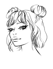 Portrait of a beautiful girl with fashion make up.Hand drawn illustration .Young woman image on white background.