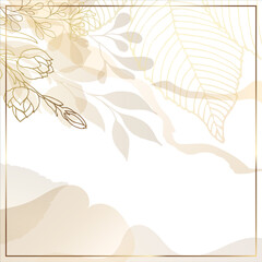 Golden abstract trendy square background with watercolor stains, branches, tropical leaves and plants. For social networks. Background for a minimalistic style of mobile application, beauty salon.