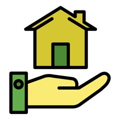 House and hand icon. Outline house and hand vector icon color flat isolated