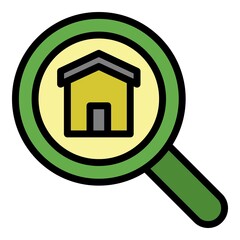 Magnifying glass and house icon. Outline magnifying glass and house vector icon color flat isolated