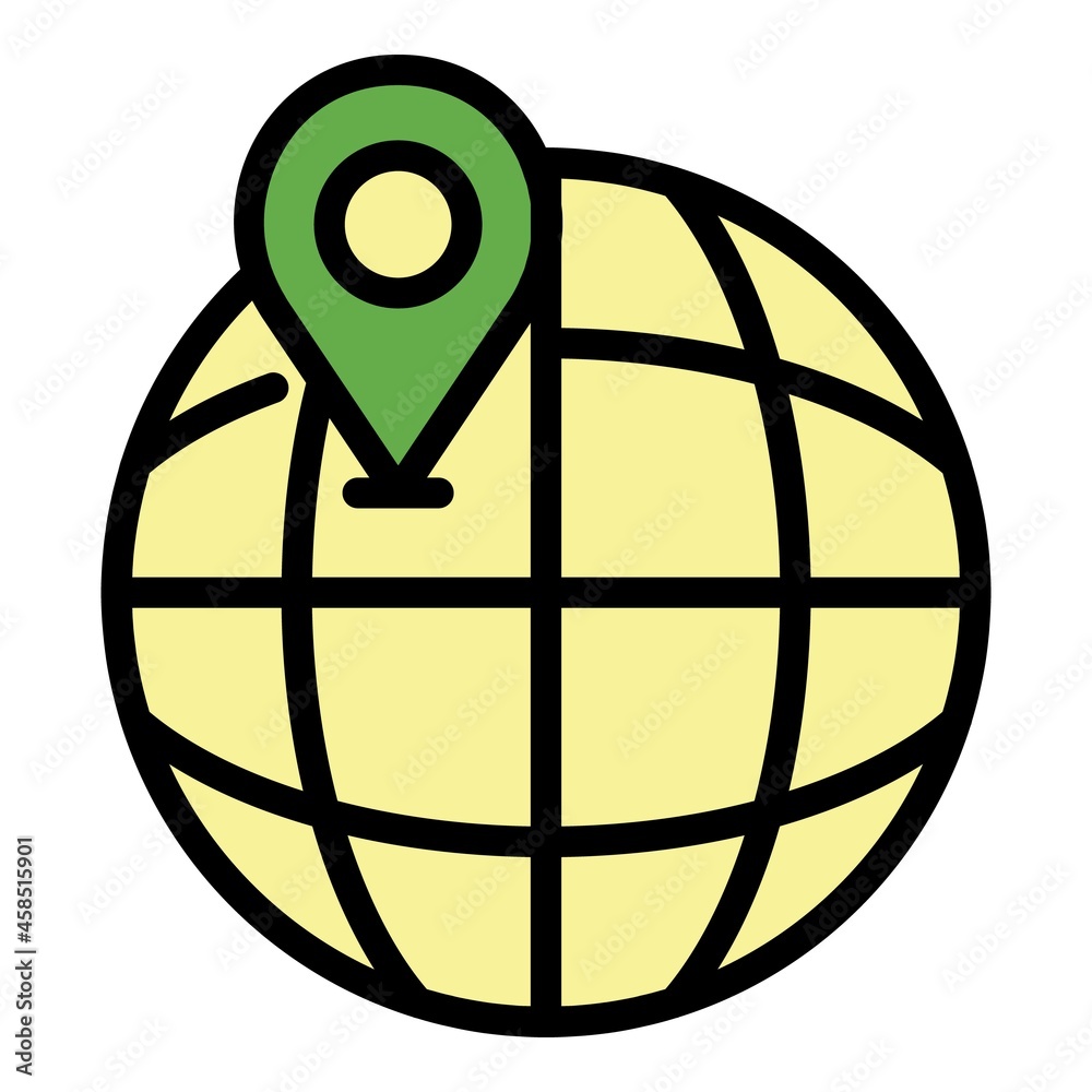 Poster globe and location icon. outline globe and location vector icon color flat isolated