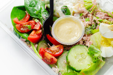 Healthy salad in the plastic food box, potato salad with hard boiled egg, shredded ham, cucumber, tomatoes, lettuce and spinach with a honey and mustard dressing pot