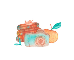 Watercolor concept with cute retro photo camera. Autumn warm blanket, apple and leaves illustration isolated on white.