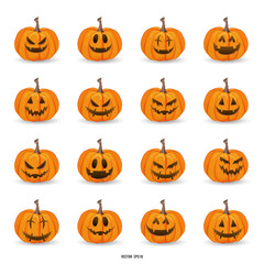 Halloween pumpkin carving faces set with Funny and scary eyes and mouths. Emojis for Halloween day for content online or web, banner and template , Flat cartoon flat style. illustration Vector EPS 10