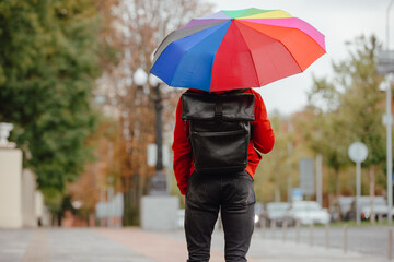 Back view man under multicoloured umbrella walking in park alley at the autumn day