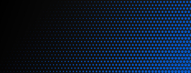 Abstract halftone background made of small hexagonal dots of different sizes in blue and black colors