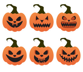 Set of 6 vector Halloween pumpkins with scary and spooky face , set of 6 Halloween pumpkins