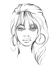 Portrait of a beautiful girl with fashion make up.Hand drawn illustration .Young woman image on white background.