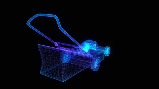 Lawn mower gasoline equipment. Glowing lines formation of Gardening grass-cutter. Digital technology visualization of 3d.