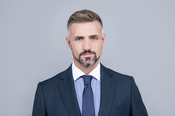 confident businessman man in businesslike suit has grizzled hair, mature