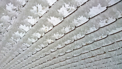 Fluffy frost on a metal wire fence