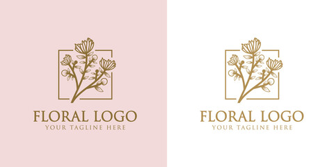Botanical Hand Drawn collection Logo with Wild Flower and Leaves. Logo for spa and beauty salon, boutique, organic shop, wedding, floral designer, interior, photography, cosmetic. vector illustration