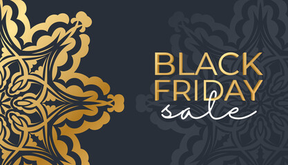Black Friday advertisement template in dark blue color with vintage gold pattern