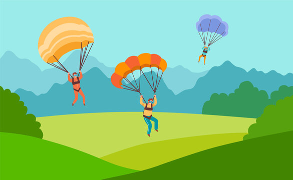 Three parachutists landing on ground. Men with parachutes on backdrop of mountain landscape. Bright vector illustration in flat cartoon style.