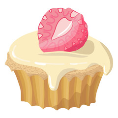 Tasty cupcake with strawberry and caramel sauce isolated on white background. Beautiful dessert covered with cream for menu, greeting card, St. Valentines day card or other. Vector illustration