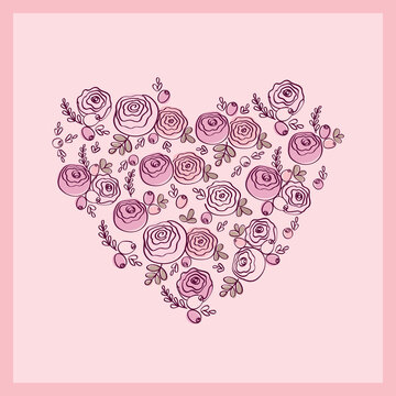 Heart of hand drawn pink flowers. Floral elements for March 8, Valentine's Day, Mother's Day, birthday, wedding invitations. Vector illustration.