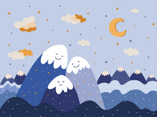 Kids poster mountain seamless pattern.Children's graphics. Kids design hills, clouds, moon, stars. Flat illustration in blue and yellow colors.