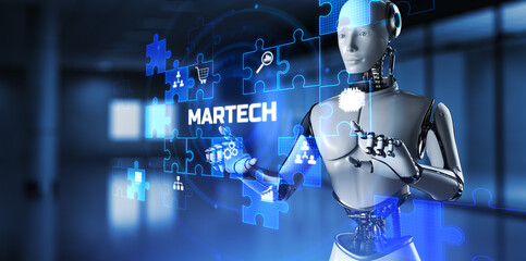 Martech Digital marketing automation technology concept. Robot pressing button on screen 3d render.