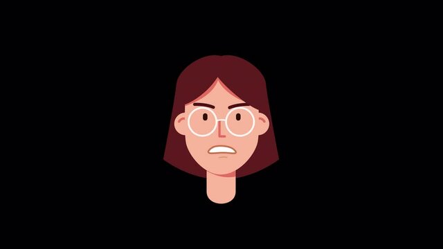 angry female face animation with Luma matte ALPHA channel. cartoon 2d flat style woman character. mouth animation, lip-syncing, screaming. anger emotion, facial expression, mad and upset mood