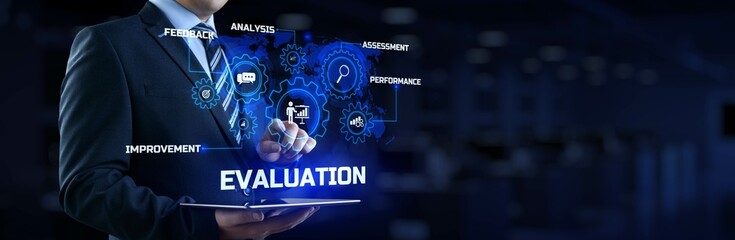 Evaluation Assessment Customer service feedback. Businessman pressing button on screen.