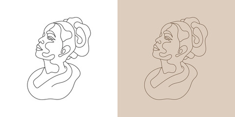 Vector minimalist style continuous one line art portrait. Line flower, woman Hand drawn abstract feminine print. Use for wall decor, beauty logo, poster illustration, card, t-shirt print 