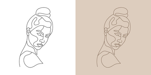 Vector minimalist style continuous one line art portrait. Line flower, woman Hand drawn abstract feminine print. Use for wall decor, beauty logo, poster illustration, card, t-shirt print 