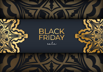 Dark blue black friday sale advertisement template with vintage gold ornament