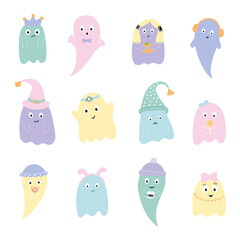 Cute Halloween cartoon ghosts, pastel colors. vector set