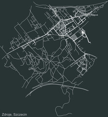 Detailed negative navigation urban street roads map on dark gray background of the quarter Zdroje municipal neighborhood of the Polish regional capital city of Szczecin, Poland