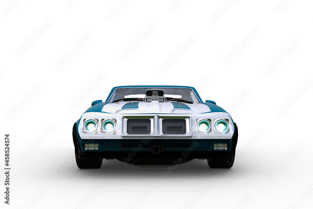 Poster front view 3d rendering of a blue and white retro american muscle car isolated on a white background