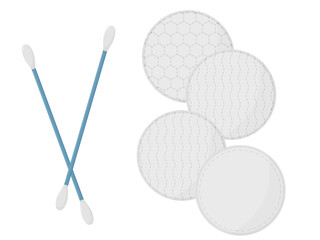 Cotton buds and round cotton pad. Face care cosmetics.