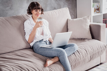 Naklejka na ściany i meble Photo portrait woman wearing white shirt using computer typing message drinking coffee at home on couch
