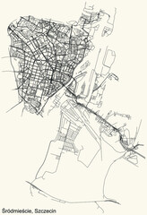 Fototapeta na wymiar Detailed navigation urban street roads map on vintage beige background of the quarter Śródmieście district of the Polish regional capital city of Szczecin, Poland