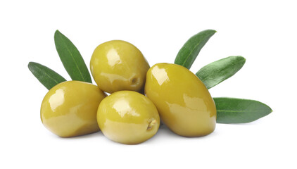 Delicious fresh green olives with leaves on white background