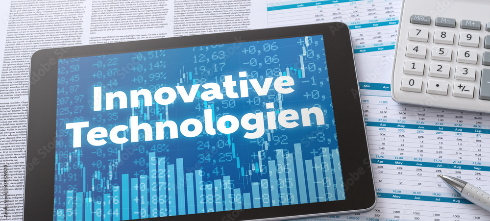 Poster A tablet with financial documents - Innovative Technolgy in german - Innovative Technologien