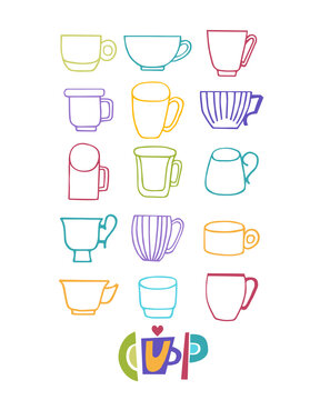Set of vector illustrations of cups and mugs. Isolated on white background. Illustration for restaurant menu, wrapping paper, post cards, advertising, packaging.