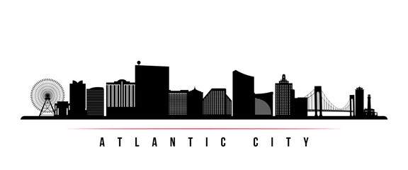 Atlantic city skyline horizontal banner. Black and white silhouette of Atlantic city, New Jersey. Vector template for your design.