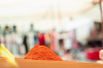 Assortment of Turkish spices and herbs in wooden bowls. Turkish market spices such as saffron, sumac and thyme. Cumin, rosemary and isot.