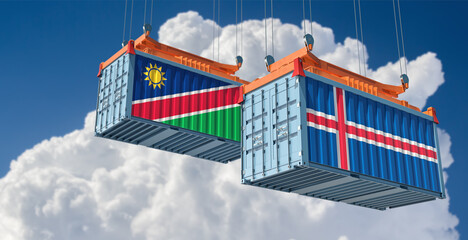 Freight containers with Namibia and Iceland national flags. 3D Rendering 