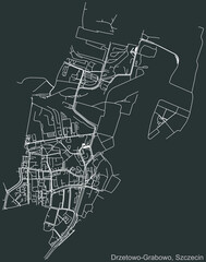 Detailed negative navigation urban street roads map on dark gray background of the quarter Drzetowo-Grabowo municipal neighborhood of the Polish regional capital city of Szczecin, Poland