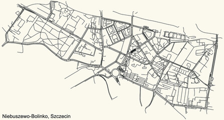 Detailed navigation urban street roads map on vintage beige background of the quarter Niebuszewo-Bolinko municipal neighborhood of the Polish regional capital city of Szczecin, Poland