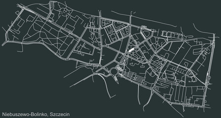 Detailed negative navigation urban street roads map on dark gray background of the quarter  Niebuszewo-Bolinko municipal neighborhood of the Polish regional capital city of Szczecin, Poland