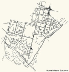 Detailed navigation urban street roads map on vintage beige background of the quarter Nowe Miasto municipal neighborhood of the Polish regional capital city of Szczecin, Poland